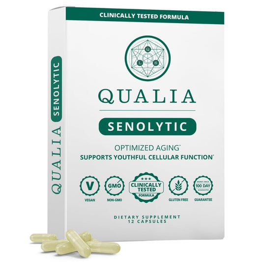 QUALIA Senolytic bottle front showing daily cellular wellness support.