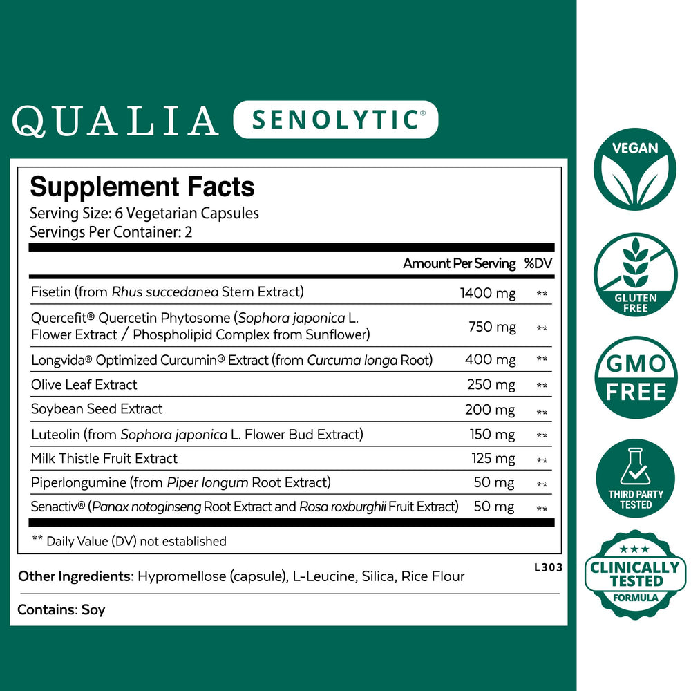 Closeup of Qualia Senolytic capsules highlighting the science-backed blend.
