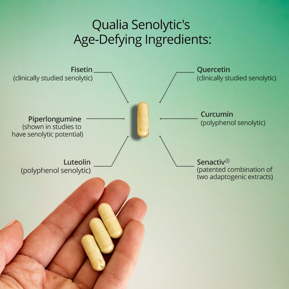Open packaging of Qualia Senolytic, emphasizing pack-of-4 convenience.