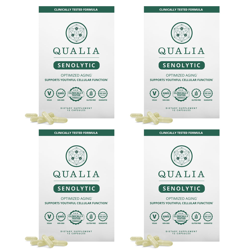 Qualia Senolytic Ultimate bottle shown for daily cellular support and longevity potential.