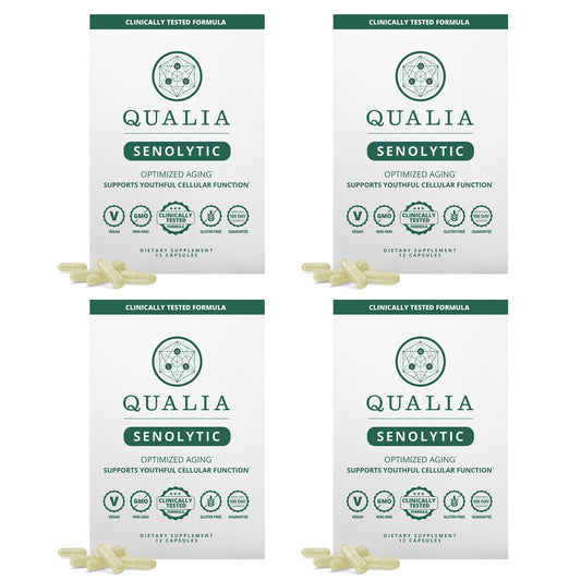 Qualia Senolytic Ultimate bottle shown for daily cellular support and longevity potential.