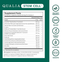 Qualia Stem Cell bottle side label with dosage guidance for daily use.