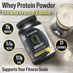 Qualify French Vanilla protein scoop showing precise serving measurement