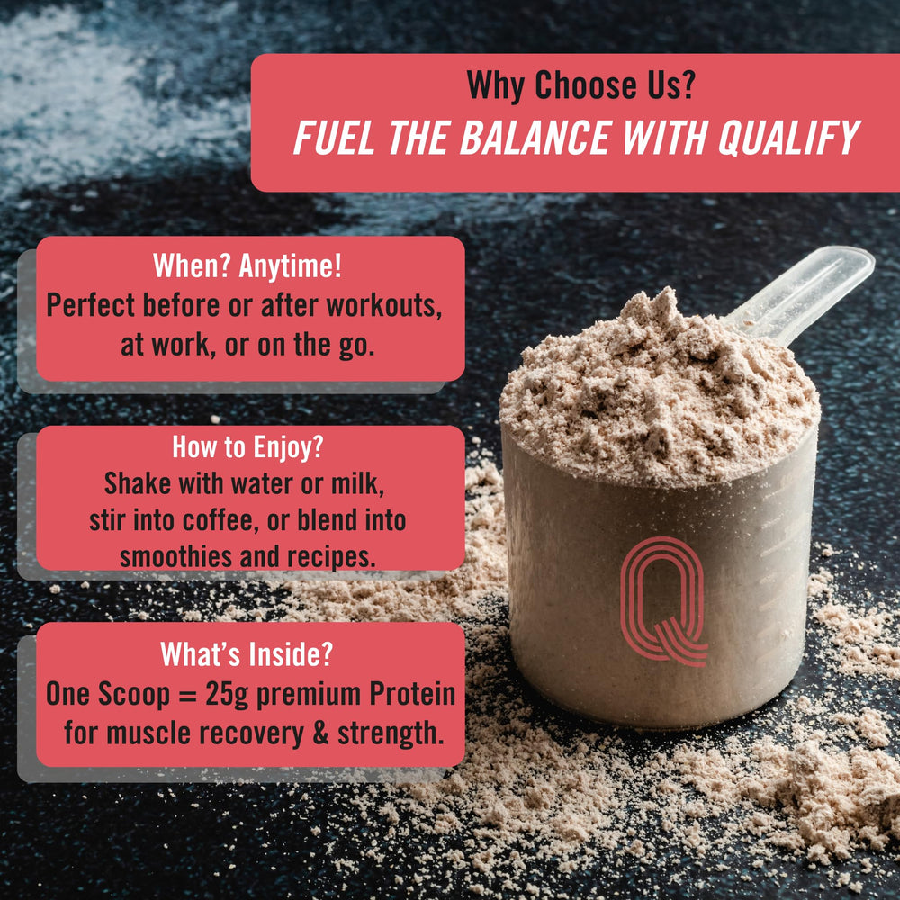Qualify Strawberry Whey Powder in a shaker ready for smoothie mixing.