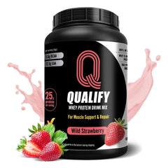 Qualify Strawberry Whey Powder tub shows 25g protein per scoop for workouts.