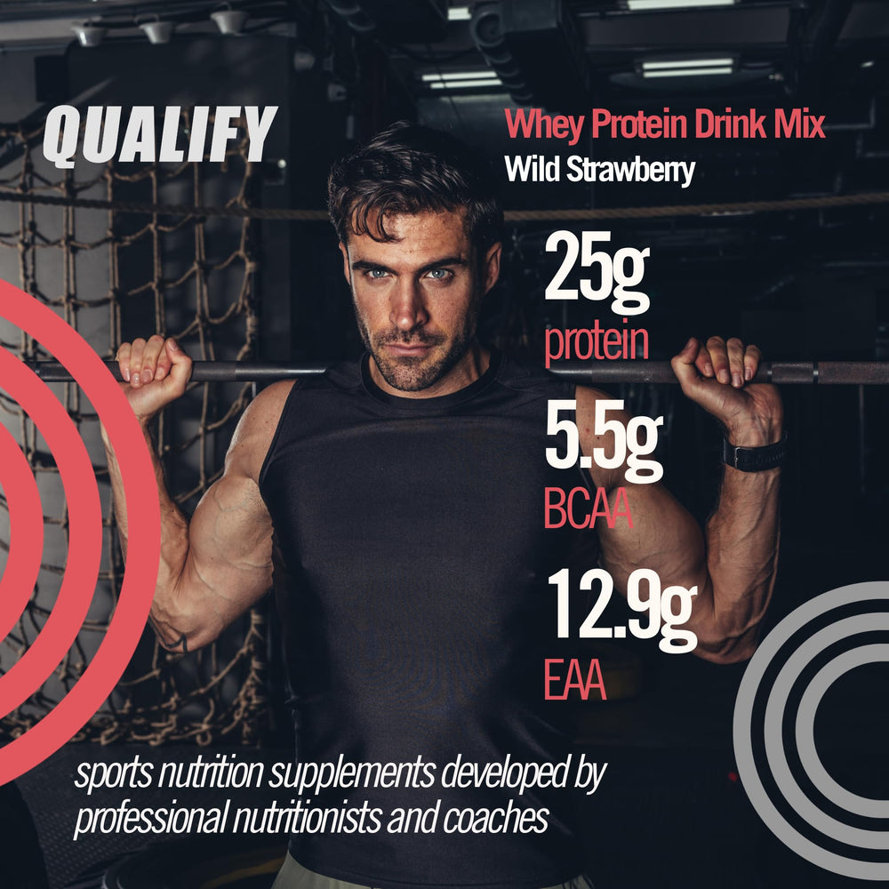 Qualify Strawberry Whey Bottle close-up highlighting kosher certification and purity.