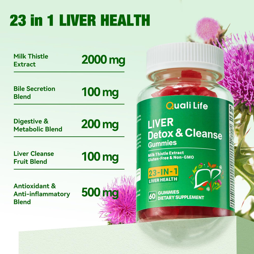 QualiLife Liver Detox Gummies packaging highlights vegan, gluten-free formula in GMP facilities.