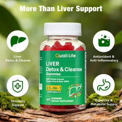 QualiLife Liver Detox Gummies being poured for an easy daily digestion routine.