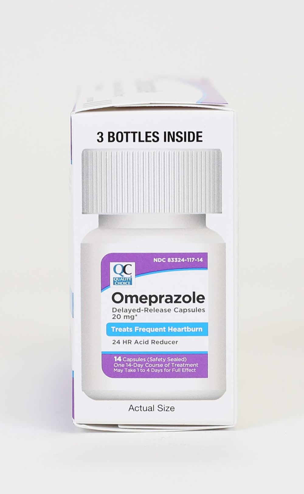 Quality Choice Omeprazole bottle label clearly shows 20 mg dosage.