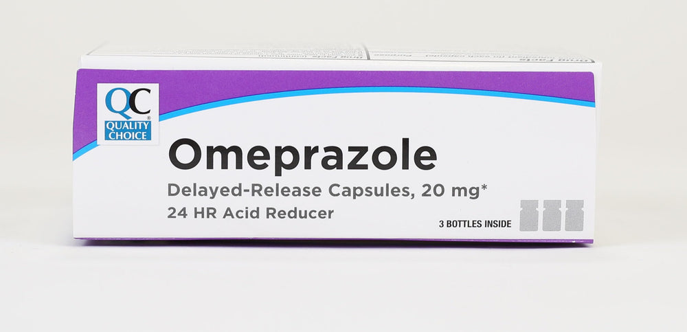 Quality Choice Omeprazole capsules pouring from bottle illustrate dosage for reference.