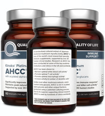 Quality of Life AHCC Kinoko Platinum 3-pack display highlighting value and convenience