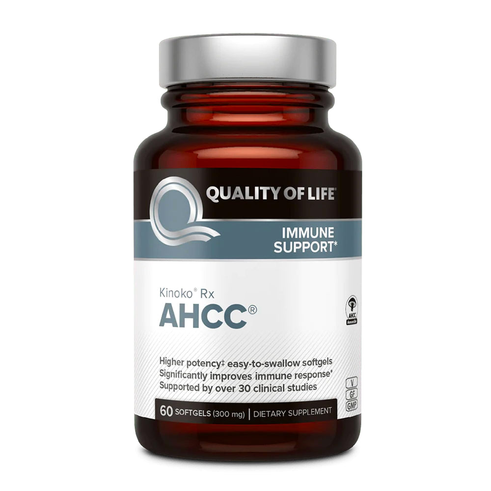 Quality of Life AHCC Rx bottle front view highlighting immune support.