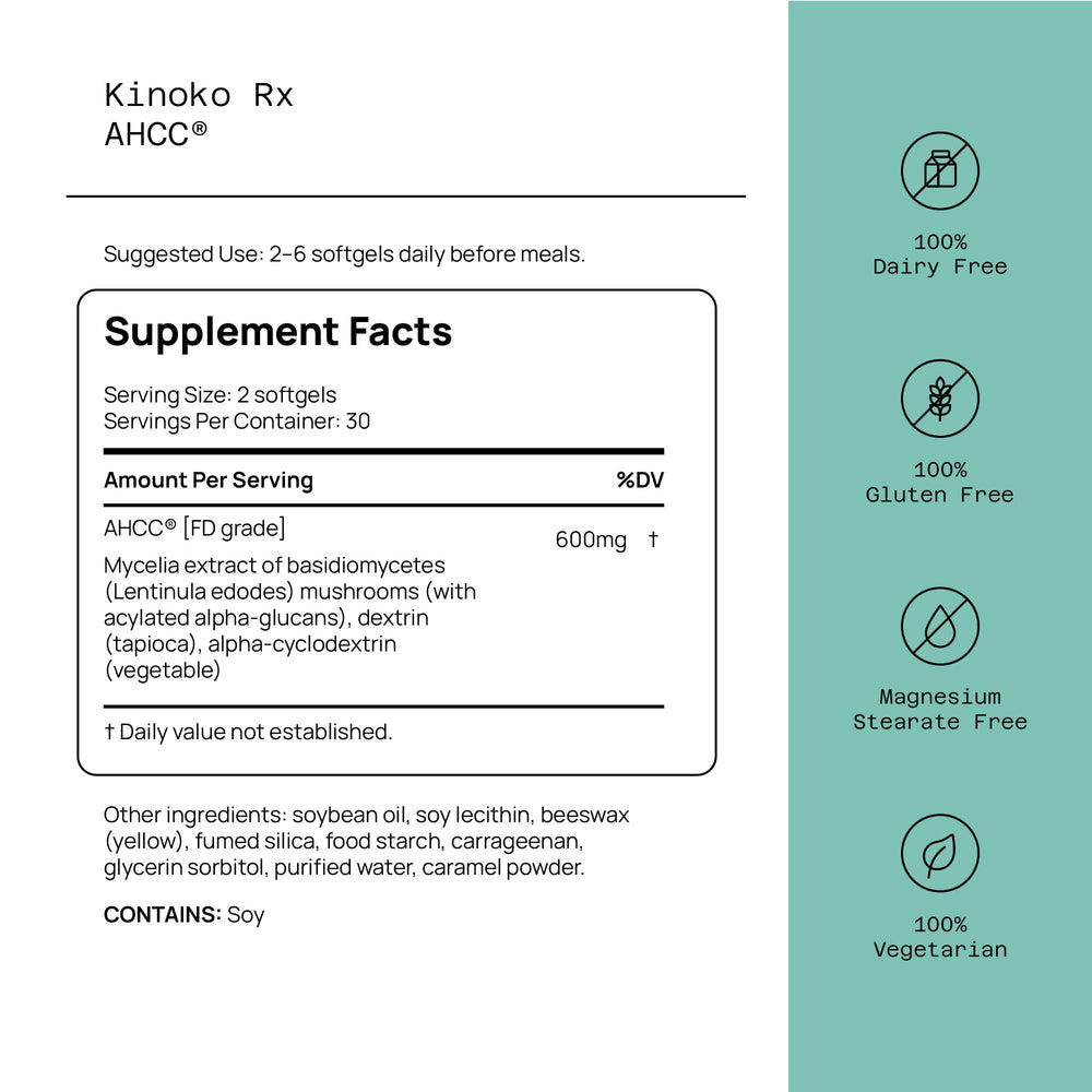 Close-up of Quality of Life AHCC Rx softgels for daily immune support.