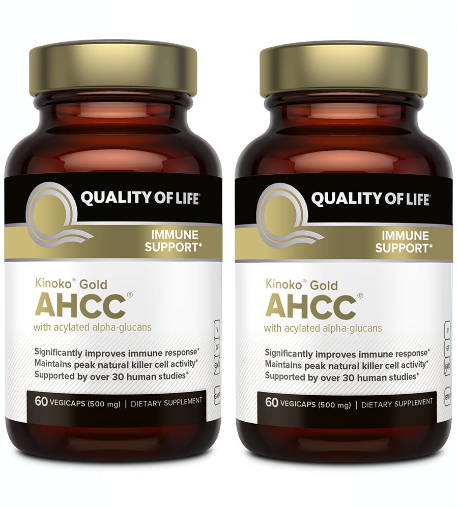 Quality of Life Kinoko Gold AHCC bottle front view highlighting immune support potential.