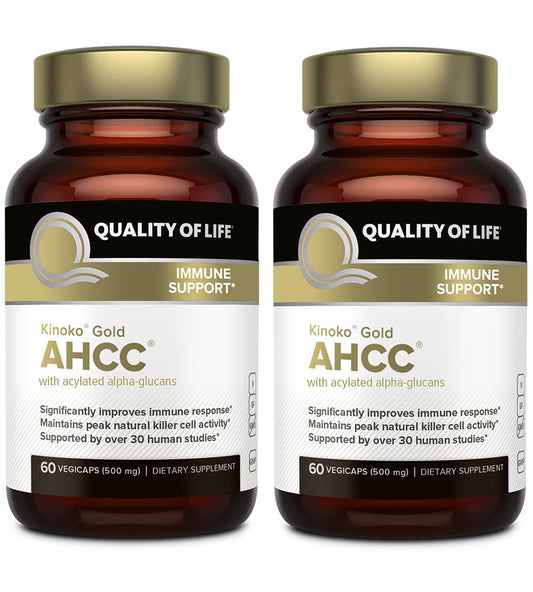 Quality of Life Kinoko Gold AHCC bottle front view highlighting immune support potential.