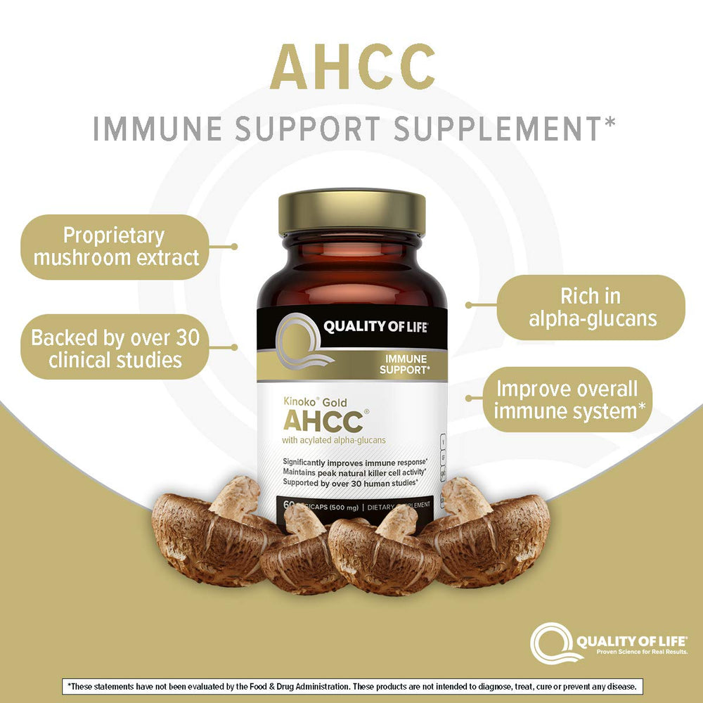 Quality of Life Kinoko Gold AHCC capsule close-up with 500 mg dosage.