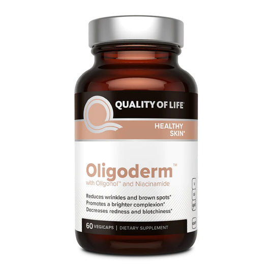 Quality of Life Oligoderm bottle forward view promoting skin support and a healthier-looking glow