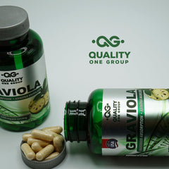Quality One Graviola Max capsules close-up displaying smooth quick-release texture.
