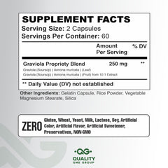 Quality One Graviola Max capsules packaging showing non-GMO, gluten-free formula for healthy routines.
