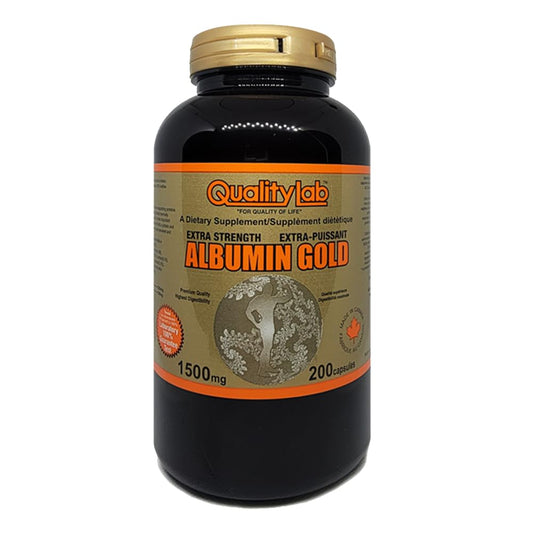 QualityLab Albumin Gold 1500 mg bottle emphasizes Canadian-made quality and reliability.