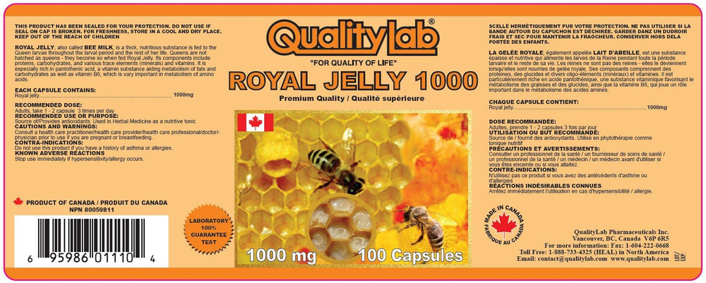 QualityLab Royal Jelly 1000 mg capsules close-up highlighting potency