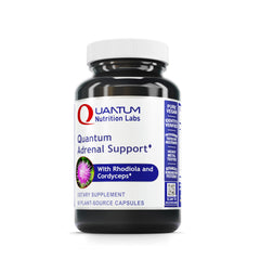Quantum Adrenal Support bottle front view highlighting organic vegan formula for daily adrenal balance