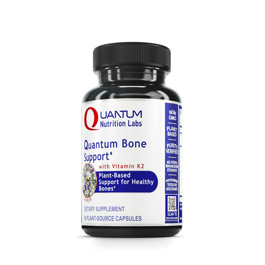 Quantum Bone Health bottle label showing calcium and K2 ingredients for bone support