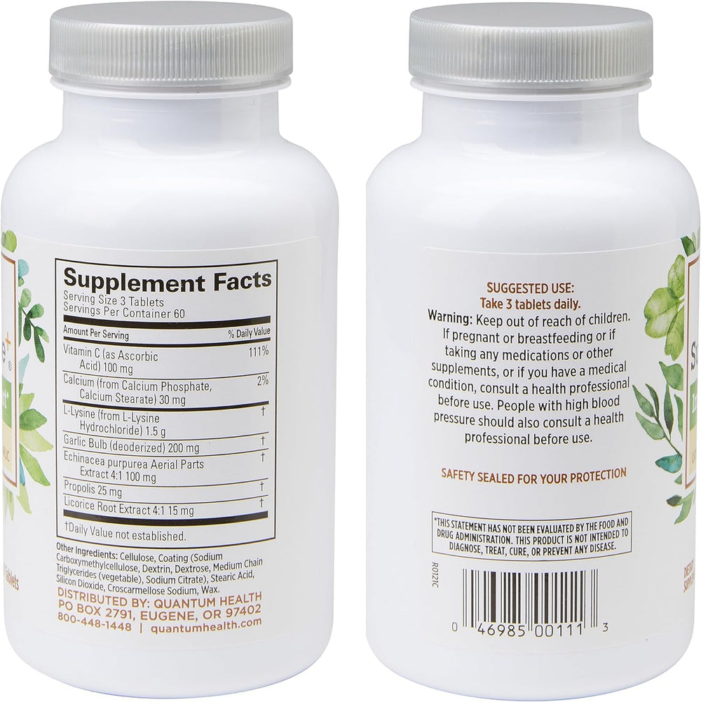 Quantum Health SuperLysine+ bottle side label with key ingredients.