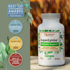 Quantum Health SuperLysine+ tablets dispensed for easy daily dosing.