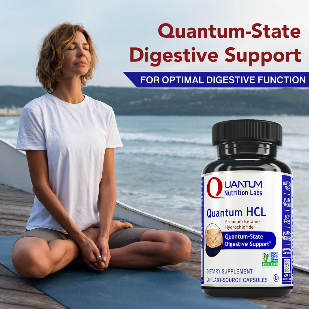 Quantum Nutrition Betaine HCL bottle on kitchen counter highlighting calcium absorption support.