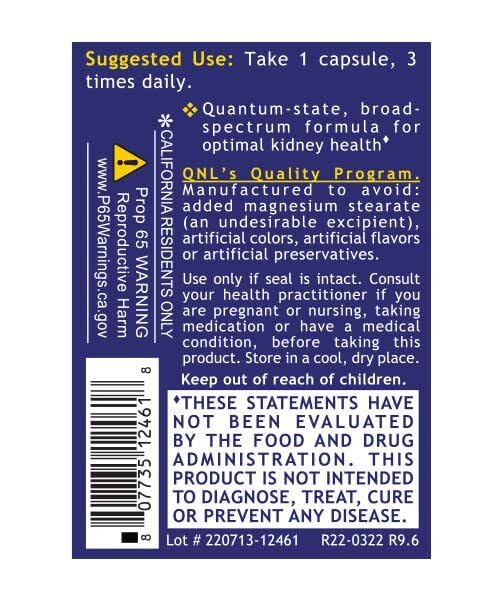 Quantum Nutrition Kidney Support bottle label highlighting magnesium stearate-free formula