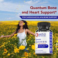 Quantum Nutrition Labs label shows lichen-derived D3 and K2 for calcium absorption