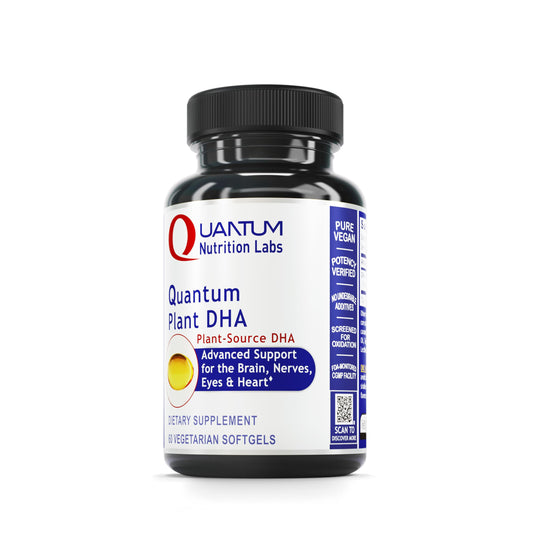 Quantum Nutrition Plants DHA bottle showcases algae-based omega-3 for brain and heart support