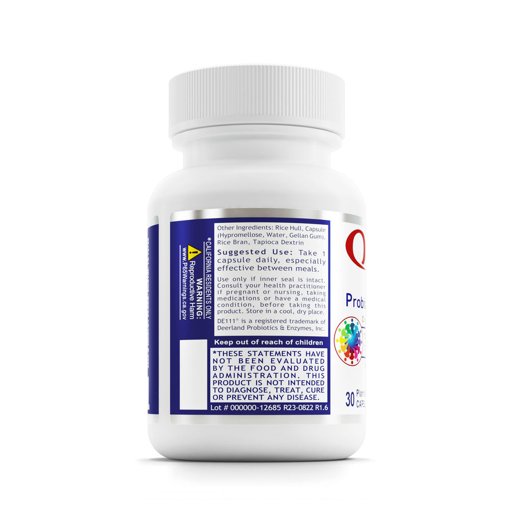 Quantum Nutrition Probiotic Daily 18 bottle label closeup highlighting 18 strains.