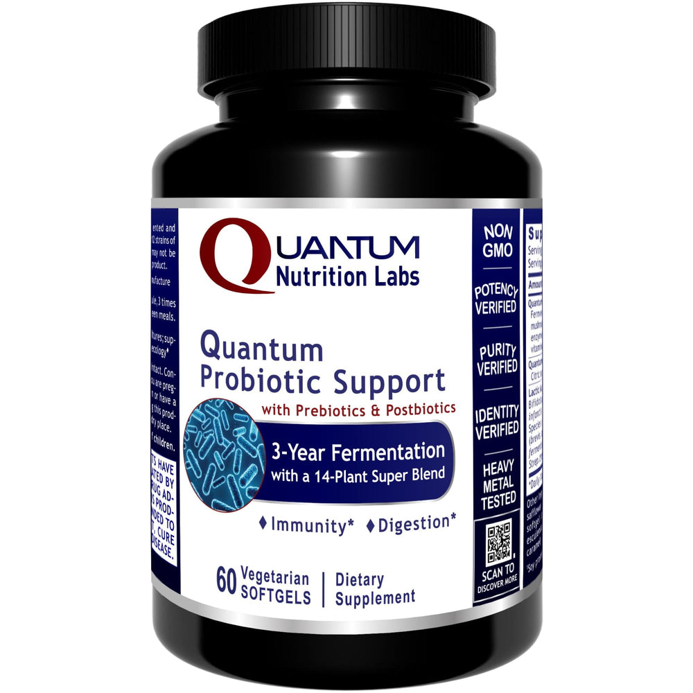 Quantum Nutrition Probiotic Support bottle front promotes gut balance and overall wellness.