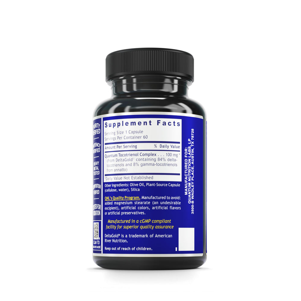 Quantum Nutrition QNL Delta Tocotrienol capsules highlight easy daily use for bone and heart wellness.
