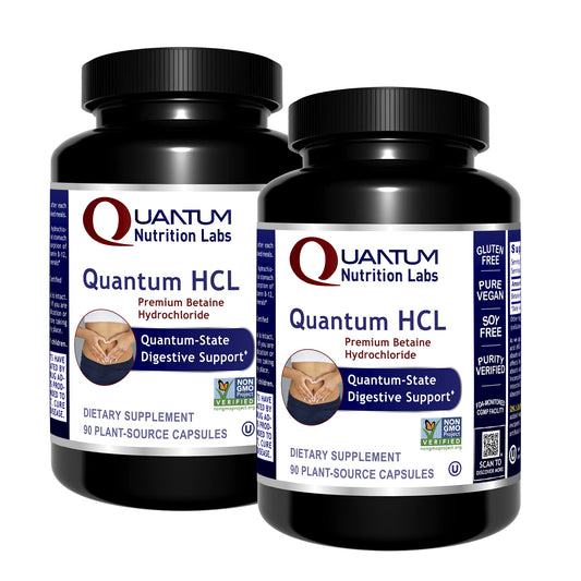 Quantum Nutrition QNL Quantum HCL bottle label highlights digestive support benefits.