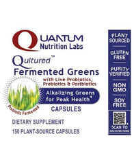 Quantum Nutrition Quantum Fermented Greens ingredients layout highlighting plant-based nutrients.