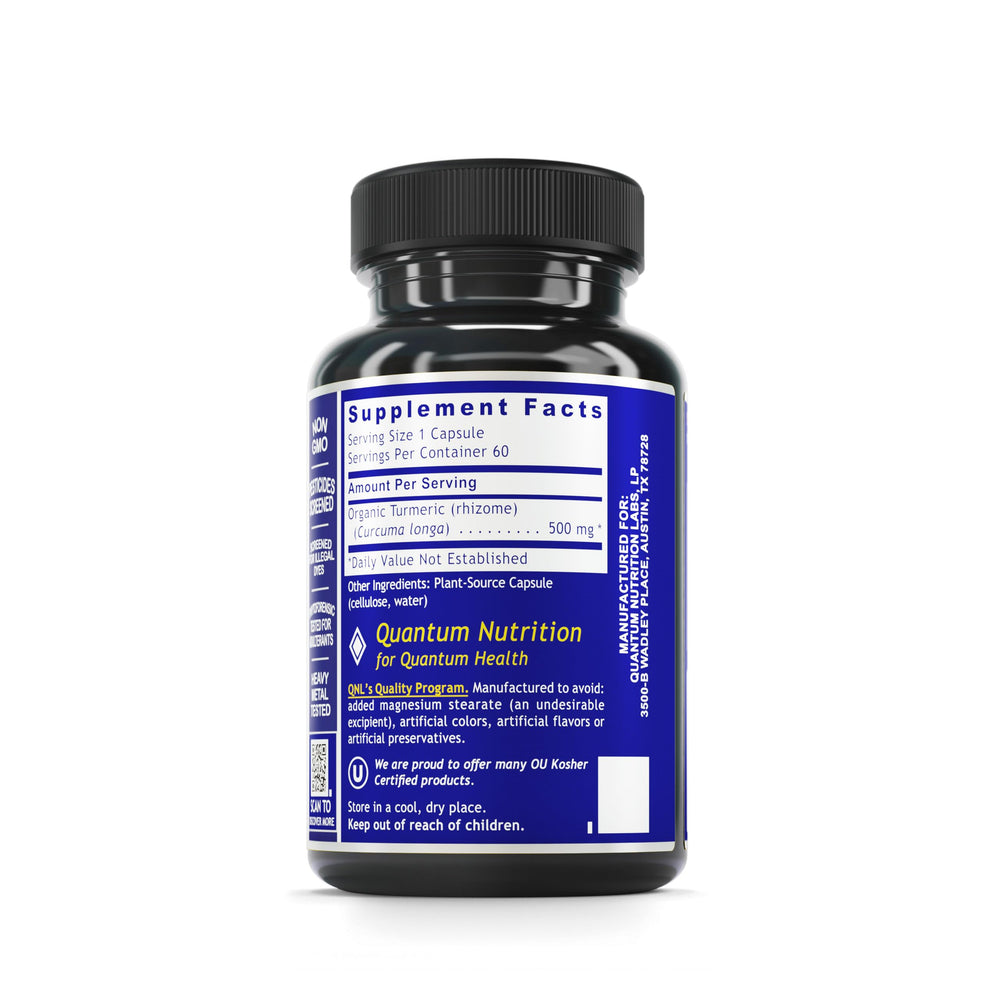 Quantum Nutrition Turmeric capsules closeup highlights rich curcumin content.