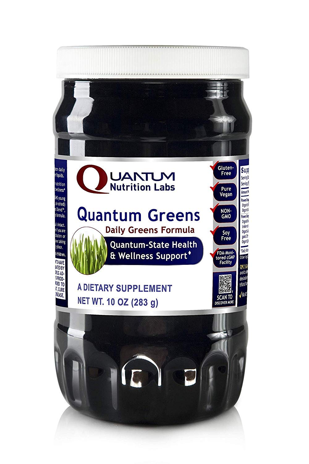 Quantum Organic Greens bottle front for daily greens support in smoothies.