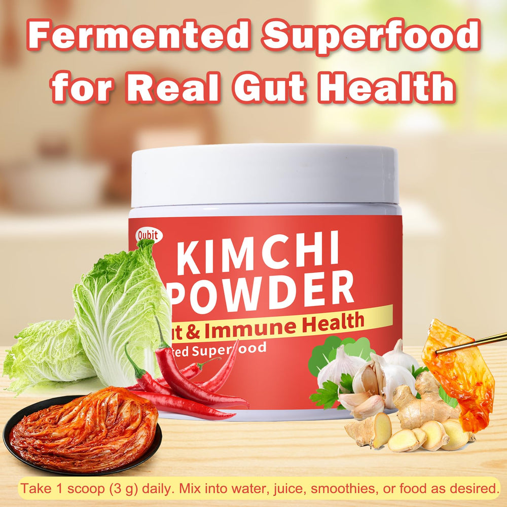 QUBIT kimchi supplement ingredients display emphasizes natural fermentation and antioxidants