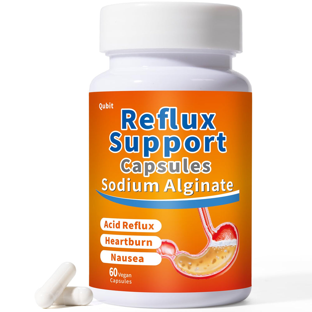 QUBIT Sodium Alginate acid reflux bottle image showing a fast-acting raft barrier concept