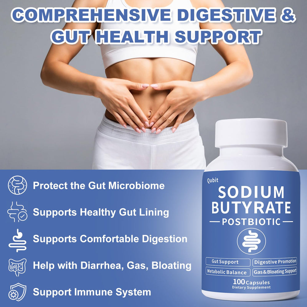 QUBIT Sodium Butyrate capsules close-up, easy-to-swallow vegan capsules.