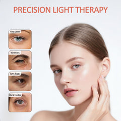 Queleay red-light therapy LEDs close-up showing 650nm spectrum for targeted eye-area care.