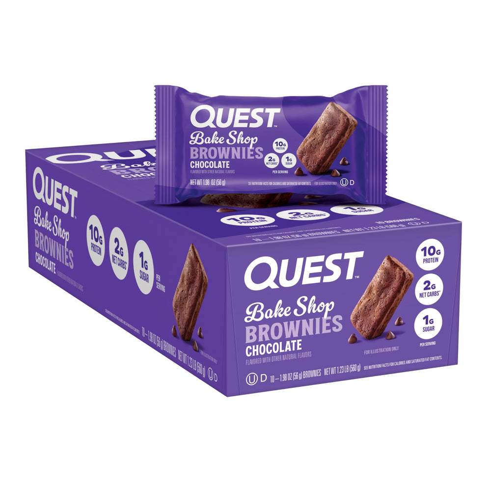 Quest Bake Shop brownies packaging front, convenient protein snack for on-the-go snacking.
