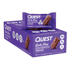 Quest Bake Shop brownies packaging front, convenient protein snack for on-the-go snacking.