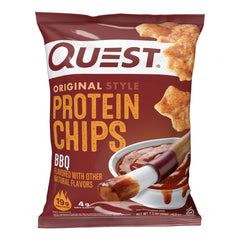 Quest BBQ Protein Chips pack on display, high-protein snack for travel and workouts.
