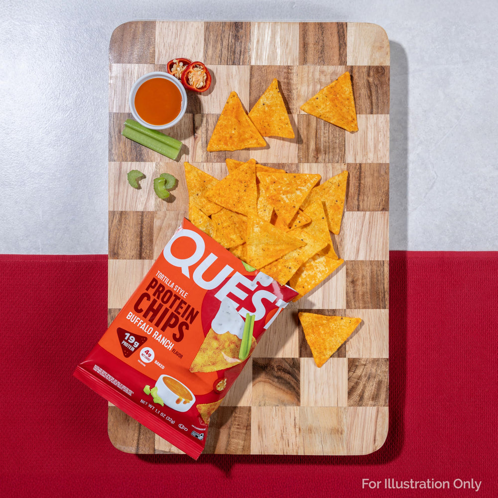 Desk-side Quest Buffalo Ranch chips as a convenient snack for work.