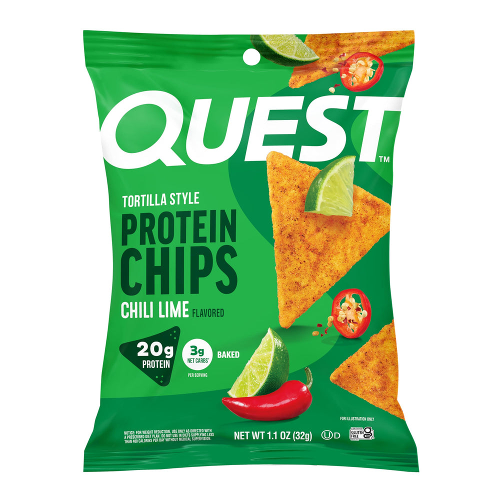 Quest Chili Lime Tortilla Style Protein Chips box showcases gluten-free, high-protein snack for on-the-go.
