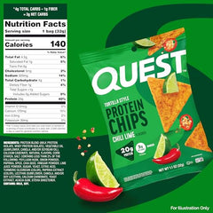 Quest Chili Lime Tortilla Style Protein Chips close-up highlights zesty lime flavor.